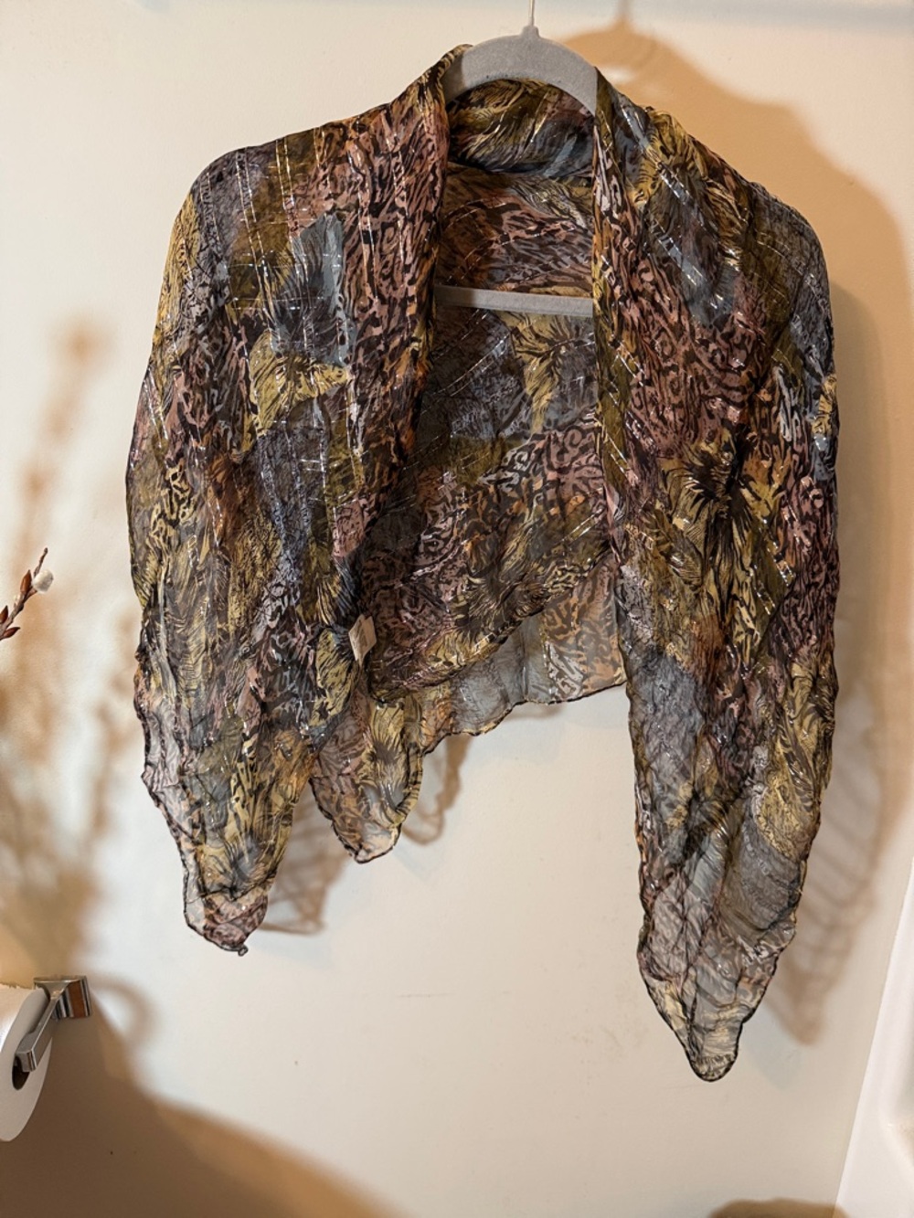 Vintage Ben Goodman sheer Mixed Animal & Floral Print Scarf in Olive tones